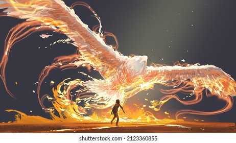 The Child Looking At The Phoenix Bird Flying Above Him, Digital Art Style, Illustration Painting