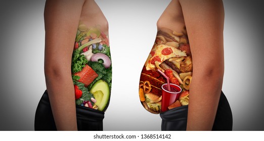 Child nutrition choice eating unhealthy diet or healthy food as a side view of a fat and normal kid with the stomach made from junk food or health ingredients with 3D illustration elements. - Powered by Shutterstock