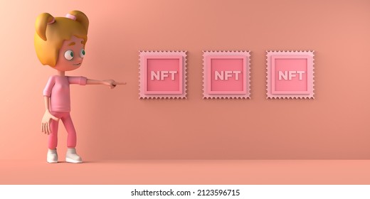 Child Pointing To A Digital Art Gallery Of Non Fungible Tokens, NFT. Copy Space. 3D Illustration. Cartoon.