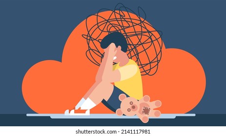 Child protection. The little boy is sitting on the floor and crying. Insecurity, bullying of children. Sad boy. Flat design. Bullying, harassment of children. Abstract flat illustration.