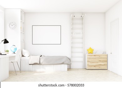 Child Room With A Bed With Gray Bedspread, A Square Window, A Table And A Bookcase. There Is A Ladder With Rings In The Corner. 3d Rendering. Mock Up.