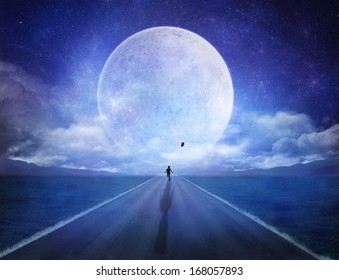 Child Running To The Horizon In A Full Moon Night