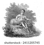 Child with a sheep and a lyre, Philippus Velijn, after Kruger, 1832 A child with a sheep and a winch among foliage at the edge of a stream.
