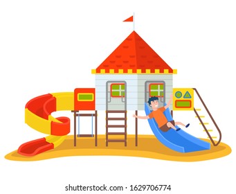 Child Slides Down Hill, Teenager In Casual Clothes Going On Playground, House And Stairs, Activity Of Kid Character, Childhood Entertainment Raster