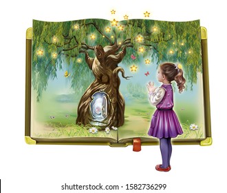 A Child Is Standing In Front Of A Large Open Book On Which A Magic Tree Is Painted With A Portal To The World Of A Fairy Tale, A Girl In A Fantasy World, Isolated Image On White Background