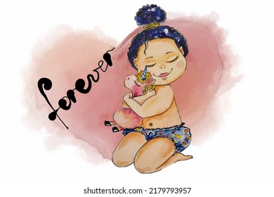 Child and toy. Watercolor illustration of a girl hugging a unicorn toy on the background of a heart - Powered by Shutterstock