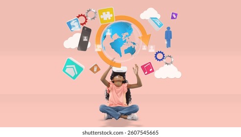 Child using VR headset exploring digital world with interactive icons floating. Virtual reality, technology, exploration, innovation, futuristic, immersive