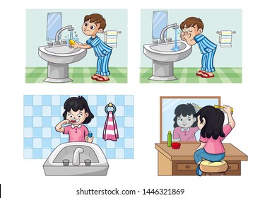 Child Wash His Face Teeth Morning Stock Illustration 1446321869 ...