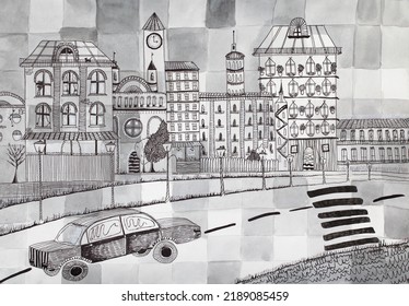 Child Watercolor Black And White Drawing: Old Town, Road And Car Divided Into Fragments.