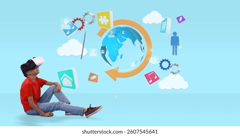 Child wearing VR headset exploring digital world with interactive icons. Virtual reality, technology, innovation, exploration, gaming, futuristic