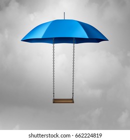 Childhood Protection And Child Safety Symbol As An Umbrella With A Swing Protecting And Providing Safety And Shelter To Vulnerable Youth As A 3D Illustration.