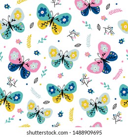 Childish and colorful pattern with adorable butterflies.
Great background for fabrics and textiles