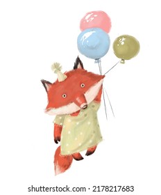 Childish Cute Red Orange Girlish Fox Baby Animal In Silk Dress Flying With Multicolored Balloons In Hand. Newborn Kid Print Poster Illustration Art For Apparel, Fabric Pattern.