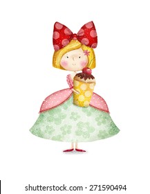 小さな金髪のかわいい小さな女の子が甘い色で描かれた子どもっぽいイラスト カップケーキを抱えたおとぎ話のお姫様 のイラスト素材 Shutterstock