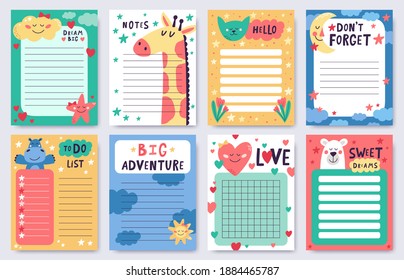 Childish planners. Cute nursery notebook sheets pack. Goal achievement and task planning pages with cute animals, moon, stars  illustrations. Agenda set with place for text, to do list, notes - Powered by Shutterstock