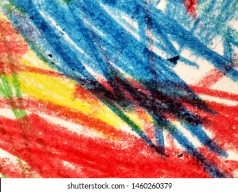 Childish Scribble Painting. Wax Crayons Colorful Drawing. Blue, Red, Yellow Child Illustration. Doodle Scribble Pencil Sketch. Dirty Style Abstract Background. Mud Art. Modern Artistic Design