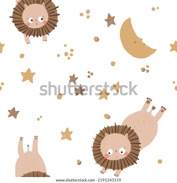 childish seamless pattern with cartoon\
lions, stars, moon, cute baby\
illustration