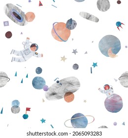 Childish seamless pattern with hand drawn space elements. Hand made illustration design for fashion fabrics, textile graphics, prints. Trendy kids watercolor background.