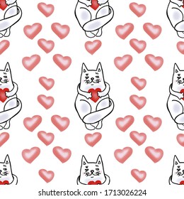 Childish seamless pattern Valentine kitten holds heart in its paws. Print textile, birthday card, wedding, invitation. - Powered by Shutterstock