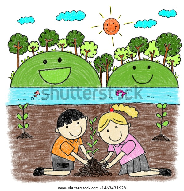 子どものような絵を描く子供が ワックス クレヨンで木を植える 子どもは木を植える 世界を救え のイラスト素材