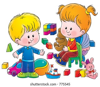 Cute Children Playing Colorful Building Blocks Stock Vector (Royalty ...