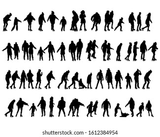 Children and adults ice skate. Isolated silhouettes of people on a white background