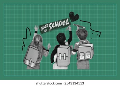 Children with backpacks head back to school. Back to school excitement with backpacks. Diverse kids, backpacks, and school spirit. School, backpacks, and kids on green grid background with copy space. - Powered by Shutterstock