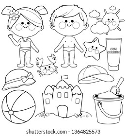 Children at the  beach. Summer vacation set. Black and white coloring book page