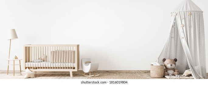 Children bedroom design mock up with unisex natural wooden furniture, panorama, 3d render, 3d illustration