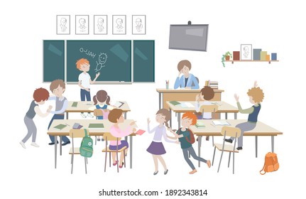 Children Behaving Badly In A Classroom. Unexperienced Teacher. No Discipline. Making Fun, Mess, Trouble In Class Concept. School Learning Process. The Illustration In A Flat Cartoon Style


