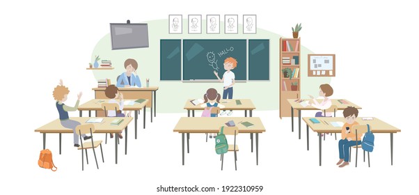 Children Behaving Badly In A Classroom. Unexperienced Teacher. No Discipline. Making Fun, Mess, Trouble In Class Concept. School Learning Process. The Illustration In A Flat Cartoon Style
