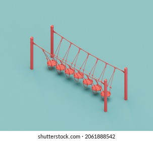 Children Bridge. Isometric Red Color Playground Object For Physical And Mental Development Of Children. Monochrome Single Color, 3d Rendering. No People.