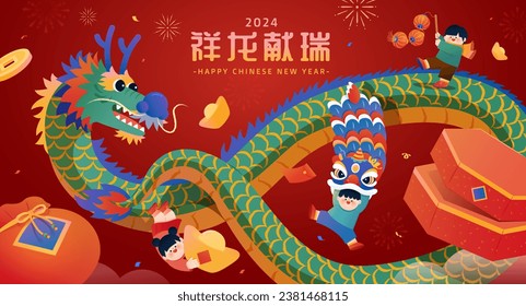 Children with Chinese new year decorations around a flying dragon on red background with fireworks. Text: Dragon brings the prosperity. - Powered by Shutterstock