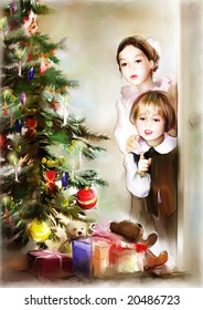 children and christmas tree