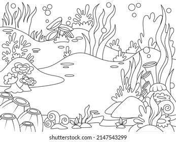 Children Coloring, Seabed Landscape, Marine Plants. Black Lines, White Background.