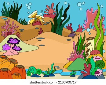Children Coloring, Seabed Landscape, Marine Plants. Color Picture Raster.