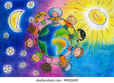 Children of different races hugging the planet Earth. I have created it myself with watercolors and colored pencils - Powered by Shutterstock