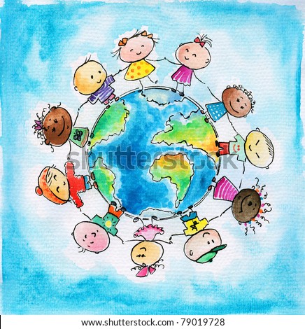 Children of different races hugging the planet Earth. I have created it myself with watercolors .