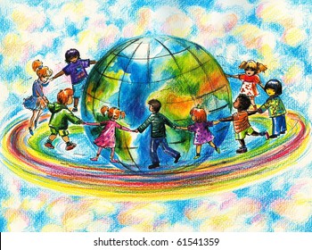 Children of different races running on rainbow around planet Earth. I have created it myself with watercolors and colored pencils .