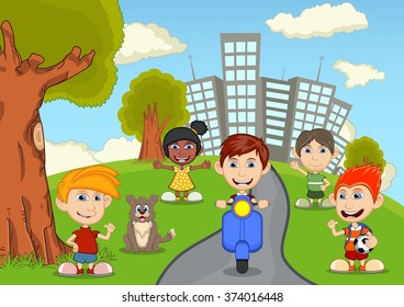 Children and a dog playing in the park cartoon - Powered by Shutterstock