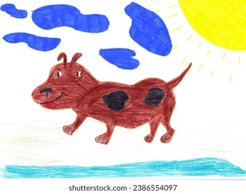 Children draw doodles with pencils. A brown dog walks by the water. Cheerful animal. - Powered by Shutterstock