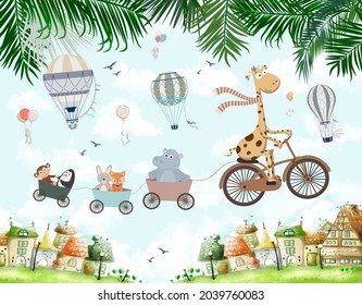 children drawing animals on a bicycle in the clouds for digital printing wallpaper, custom design wallpaper