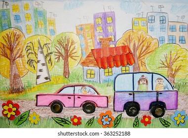 Children Drawing Of The Bus, Buildings, Cars. Kids Walking Preschooler