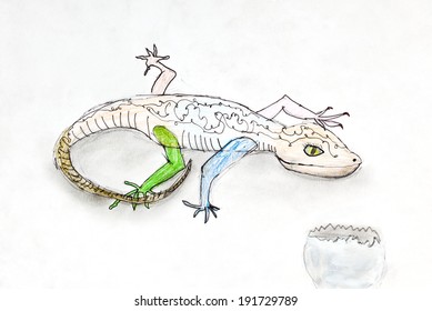 children drawing - Lizard and egg shell on white paper