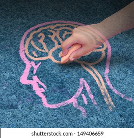 Children Education Concept  And School Learning Development With The Hand Of A Child Drawing A Human Head And Brain With Chalk On A Cement Floor As A Symbol Of Mental Health Issues In Youth.