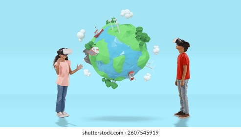 Children exploring virtual reality world with VR headsets, interacting with 3D globe. Technology, innovation, exploration, digital, gaming, interactive