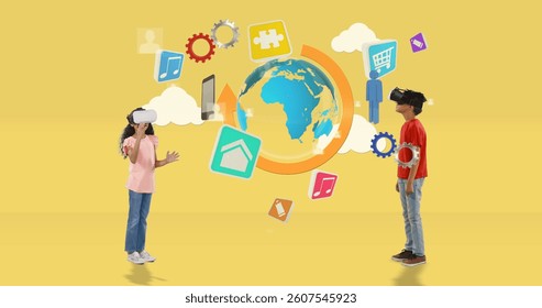 Children exploring virtual world using VR headsets, surrounded by digital icons. Technology, virtual reality, innovation, gaming, exploration, futuristic