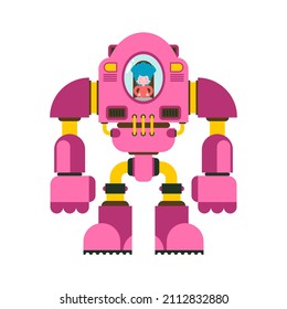 Children Fighting Robot. Little Girl Exoskeleton. Mechanical Technology Robotic Skeleton. Iron Suit Robot.  Metallic Clothing Cyborg 