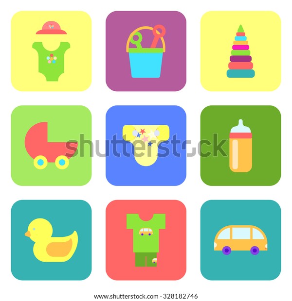 Children flat icons.\
Available as an icon of children\'s section of the store. Flat icons\
on child-related issues. Set of flat icons. It\'s a girl! With the\
new baby! 