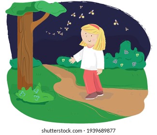 Children Flat Illustration Cute Girl With Firefly